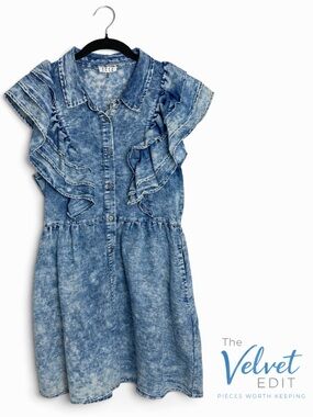 TCEC Denim Ruffle Dress Button Front Acid Wash Blue Size Small